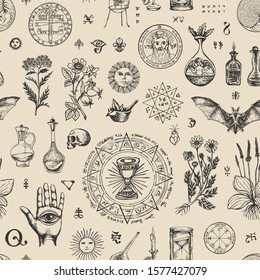 Vector seamless pattern on the theme of medicine and herbal treatment in retro style. Repeatable background with hand-drawn sketches, unreadable notes, various herbs and old medical symbols, blots.