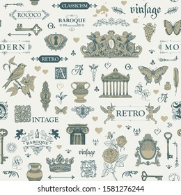 Vector seamless pattern on the theme of Antiques and vintage art objects in retro style. Abstract background with hand-drawn sketches. Suitable for wallpaper, wrapping paper, fabric in retro style