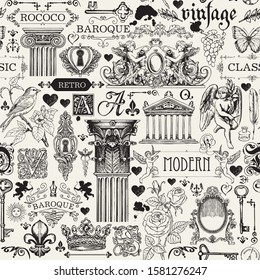 Vector seamless pattern on the theme of vintage art objects, furniture and Antiques in retro style. Abstract background with drawings and sketches. Suitable for wallpaper, wrapping paper, fabric