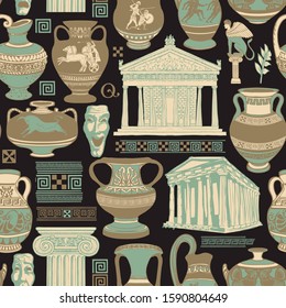 Vector seamless pattern on the theme of ancient Greek culture and architecture. Wallpaper, wrapping paper or fabric with antique amphorae, traditional ornaments and architectural landmarks of Greece
