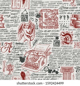 Vector seamless pattern on the theme of writers. Abstract background with illegible handwritten notes and hand drawn angel, typewriter, capital letters. Suitable for Wallpaper, wrapping paper, fabric