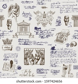 Vector seamless pattern on the theme of theater with hand-drawn sketches and handwritten notes in vintage style. Suitable for Wallpaper, wrapping paper, fabric or abstract background