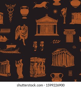 Vector seamless pattern on the theme of Ancient Greece with hand-drawn illustrations in black and orange colors. Wallpaper, wrapping paper or fabric, ancient Greek culture and architecture symbols