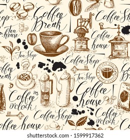 Vector seamless pattern on the theme of coffee and coffee house. Hand-drawn background with kitchen items, blobs and handwritten inscriptions. Suitable for retro wallpaper, wrapping paper, fabric