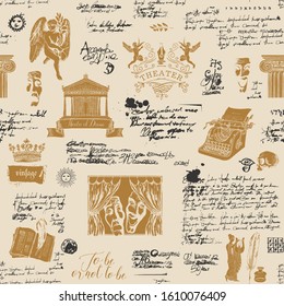 Vector seamless pattern on the theme of theater with handwritten notes, hand-drawn sketches and ink stains. Suitable for Wallpaper, wrapping paper, fabric or abstract background in vintage style