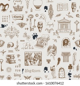 Vector seamless pattern on the theme of theater and drama with pencil drawings and sketches. Suitable for Wallpaper, wrapping paper, background, fabric or textile in vintage style