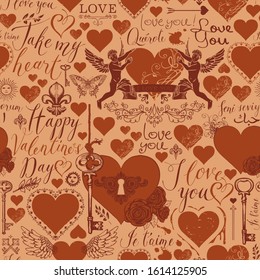 Vector seamless pattern on the theme of love and Valentines day in retro style. Abstract background with the words I love you in different languages, with red hearts, keys, angels and inscriptions