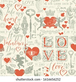 Vector seamless pattern on the theme of Valentines day with red hearts, keys, keyholes, cupids and inscriptions. Abstract background in retro style with the words I love you in different languages.