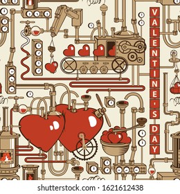 Vector seamless pattern on the theme of Valentine's Day with red hearts and a decorative factory of love. Repeatable background with a love conveyor, industrial or laboratory equipment, devices.