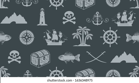 Vector seamless pattern on the theme of pirate adventures with sailboats, lighthouses, Jolly Rogers, treasure chests and more on the dark background. Suitable for Wallpaper, wrapping paper, fabric