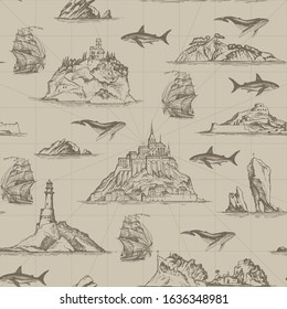 Vector seamless pattern on the theme of travel, adventure and discovery. Repeatable background with hand-drawn islands, lighthouses, sailboats, fishes. Suitable for wallpaper, wrapping paper, fabric