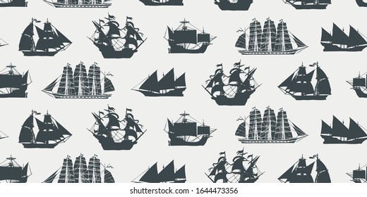 Vector seamless pattern on the theme of nautical travel, adventure and discovery with silhouettes of various sailing ships in retro style. Suitable for background, wallpaper, wrapping paper, fabric