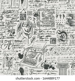 Vector seamless pattern on the theme of writers and literature. Abstract background with illegible handwritten notes and hand drawn sketches. Suitable for Wallpaper, wrapping paper, fabric