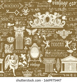 Vector seamless pattern on a theme of vintage art objects and Antiques. Hand-drawn illustrations and unreadable handwritten notes on a brown background. Suitable for wallpaper, wrapping paper, fabric