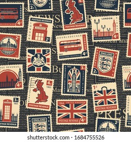 Vector seamless pattern on the theme of great Britain and London with postage stamps and postmarks on a black newspaper background in retro style. Suitable for Wallpaper, wrapping paper or fabric