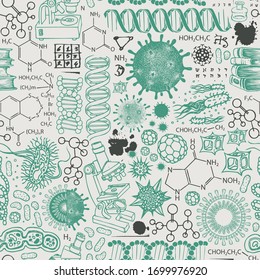 Vector seamless pattern on the theme of chemistry, biology, genetics, medicine. Abstract background with hand-drawn sketches in retro style. Suitable for wallpaper, wrapping paper, fabric