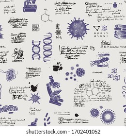 Vector seamless pattern on the theme of chemistry, Microbiology, medicine, genetics, laboratory research. Hand-drawn background with sketches, unreadable entries and illegible notes in retro style