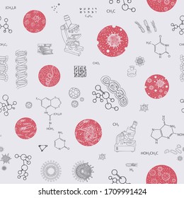 Vektorillustration nahtlose Muster zum Thema Chemie, Biologie, Medizin, Genetik. Wiederholbare Abbildung mit Skizzen von Bakterienzellen und Mikroskopen. Geeignet für Tapete, Wickelpapier, Gewebe