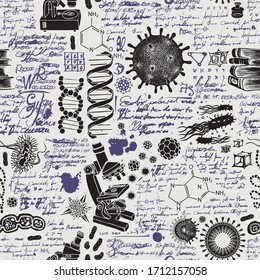 Vector seamless pattern on the theme of chemistry, biology, genetics, medicine in retro style. Hand-drawn background with sketches, doodles, unreadable notes, illegible entries and ink blots