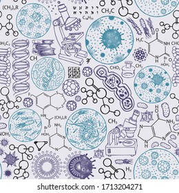 Vector seamless pattern on the theme of chemistry, biology, medicine, genetics. Abstract background with cartoon colored drawings. Suitable for wallpaper, wrapping paper, fabric, textile
