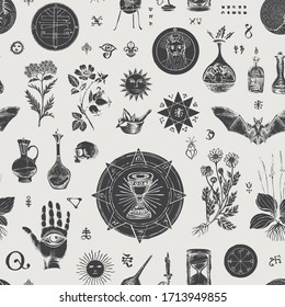 Vector seamless pattern on the theme of alchemy and healing in retro style. Abstract, background with hand-drawn sketches, various herbs and old alchemical and medical symbols, blots.