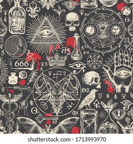 Vector seamless pattern on a theme of satanism, occultism and freemasonry in retro style. Abstract repeating illustration with hand-drawn sketches and blood drops on the black background