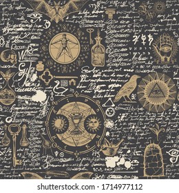 Vector seamless pattern on the theme of alchemy in vintage style on a black background. Abstract background with hand-drawn sketches, ancient alchemical symbols and doodles, meaningless