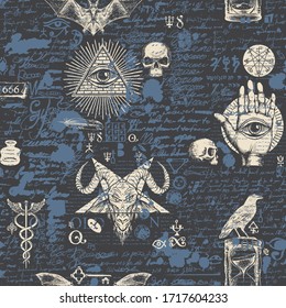 Vector seamless pattern on a theme of freemasonry and satanism in retro style. Abstract background with hand-drawn sketches, masonic symbols and scribbles imitating text on the old newspaper backdrop