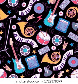 Vector seamless pattern on the theme of music. Colorful background with isolated cartoon musical instruments and sound symbols on black color