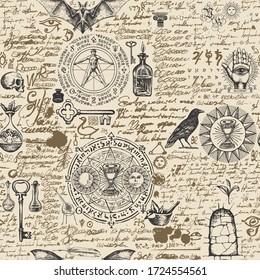 Vector seamless pattern on a theme of alchemy in vintage style. Abstract background with hand-drawn sketches, ancient alchemical symbols, ink blots and unreadable scribbles imitating handwritten text