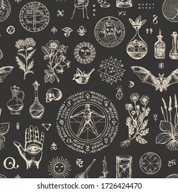 Vector seamless pattern on the theme of alchemy and healing in retro style. Abstract repeating background with hand-drawn sketches, medicinal herbs and old alchemical symbols on a black background