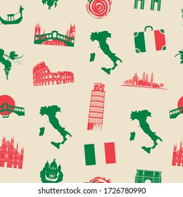 Vector seamless pattern on the theme of Italy with Italian symbols, architectural landmarks and a map in the colors of the Italian flag. Suitable for Wallpaper, wrapping paper, fabric, textiles