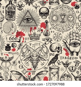 Vector seamless pattern on a theme of freemasonry, satanism and occultism in retro style. Abstract repeating illustration with hand-drawn sketches and blood drops on the old paper background