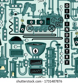Vector seamless pattern on the theme of oil refining industry with various industrial equipment, appliances, sensors, devices, mechanisms, pipes on a light green background.
