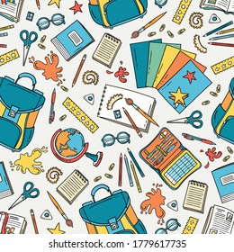 Vector seamless pattern on the theme of back to school and education. Colorful background with cartoon stationery. Line art for use in design