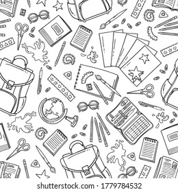 Vector seamless pattern on the theme of back to school and education. Isolated cartoon stationery on white background. Line art for use in design