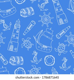 Vector seamless pattern on the theme of the sea with a ship, lighthouse, telescope, white outline on a blue background. For design of covers, packaging, and textile prints