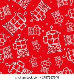 Vector seamless pattern on the theme of a tea and coffee shop. Hand-drawn illustration (vector) of a white french press teapot on a red background. For wallpaper, wrapping paper, fabric, prints.