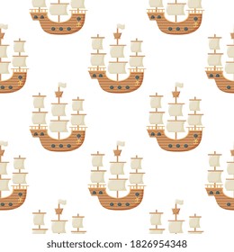 Vector seamless pattern on the theme of sea travel with sailing ships. Sea objects on background in retro style