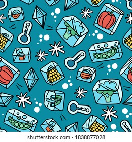 Vector seamless pattern on the theme of freezing food, semi-finished products, freezer, refrigerator, food storage. Cartoon colorful background with vegetables