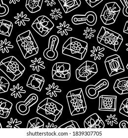 Vector seamless pattern on the theme of freezing food, semi-finished products, freezer, refrigerator, food storage. Cartoon background with isolated berries on black color