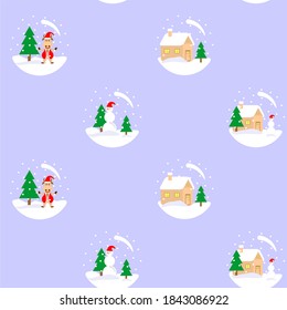 Vector seamless pattern on the theme of new goa and winter. Illustration of snow globes with a symbol of the new 2021 by a bull, a snowman, a house and a Christmas tree. Delicate christmas background