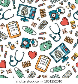 Vector seamless pattern on the theme of medicine. Colorful cartoon background with symbols of treatment, examination, clinics, hospitals. Line art for use in design