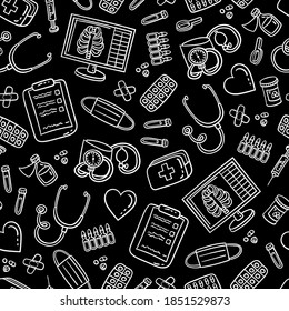 Vector seamless pattern on the theme of medicine. Cartoon background with isolated symbols of treatment, examination, clinics, hospitals on black color. Line art for use in design