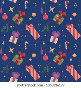 Vector seamless pattern on the theme of New Year, Christmas. Dynamically arranged gifts, stars, tangerines, candies, Christmas tree decorations on a blue background.