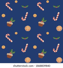 Vector seamless pattern on the theme of New Year, Christmas. Dynamically arranged tangerines, candies, cupcakes and leaves on a dark blue background.