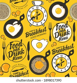 Vector seamless pattern on the theme of breakfast with scrambled eggs, pasta and inscriptions on a yellow background. Suitable for wallpaper, wrapping paper or fabric