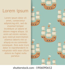 Vector seamless pattern on the theme of sea travel with sailing ships. Sea objects on background in retro style. 