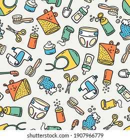 Vector seamless pattern on the theme hygiene, goods for children, childhood, baby, health. Colorful, cartoon, hand drawn doodles background