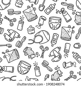 Vector seamless pattern on the theme hygiene, goods for children, childhood, baby, health. Cartoon, hand drawn doodles background on white color